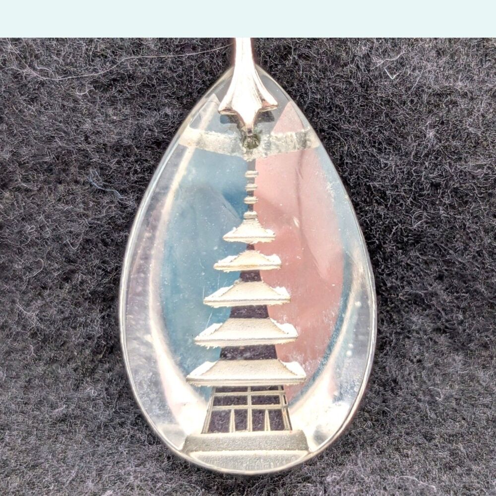 Vintage Reverse Carved Pagoda Pendant Necklace Clear Glass Sterling Mark 17"